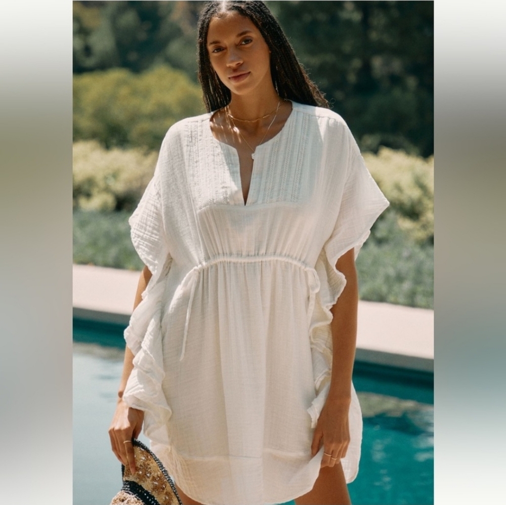 Anthropologie Liliana Ruffle Sleeve Beach Cover Up Tunic Gauze V Neck White XL